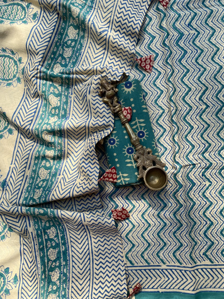 BEIGE-TEAL HAND BLOCK PRINT COTTON MULL SARI
