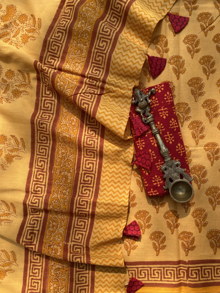 MUSTARD HAND BLOCK PRINT COTTON MULL SARI