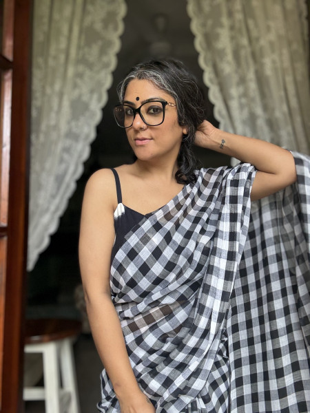 BLACK GINGHAM CHECKS  MULMUL COTTON SARI