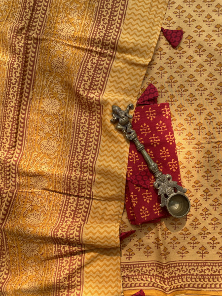 MUSTARD HAND BLOCK PRINT COTTON MULL SARI