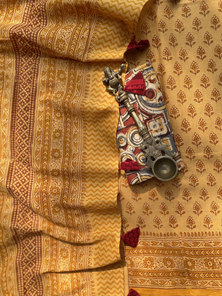 MUSTARD HAND BLOCK PRINT COTTON MULL SARI