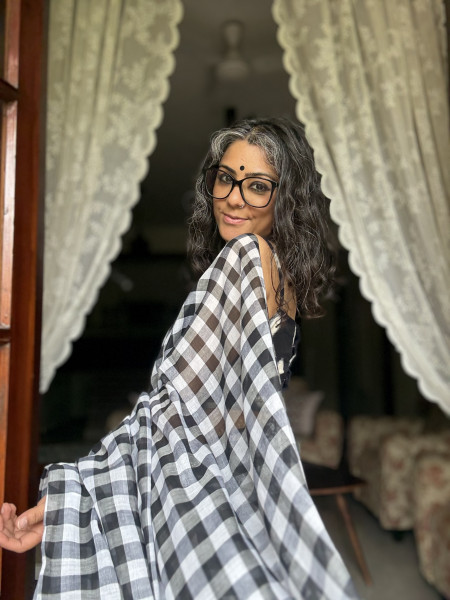 BLACK GINGHAM CHECKS  MULMUL COTTON SARI
