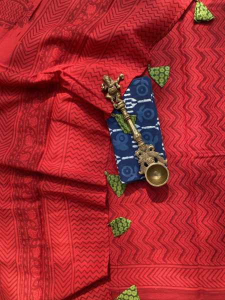 RED HAND BLOCK PRINT COTTON MULL SARI