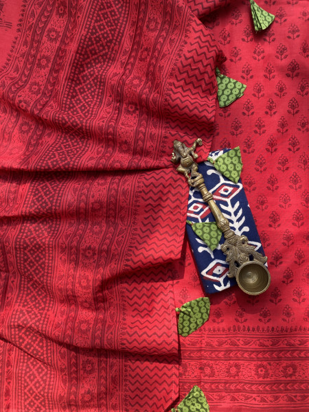 RED HAND BLOCK PRINT COTTON MULL SARI