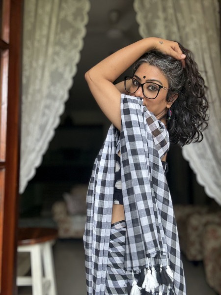 BLACK GINGHAM CHECKS  MULMUL COTTON SARI