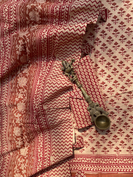 BEIGE-RED HAND BLOCK PRINT COTTON MULL SARI