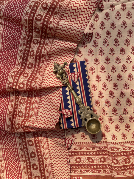 BEIGE-RED HAND BLOCK PRINT COTTON MULL SARI
