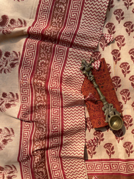 BEIGE-RED HAND BLOCK PRINT COTTON MULL SARI