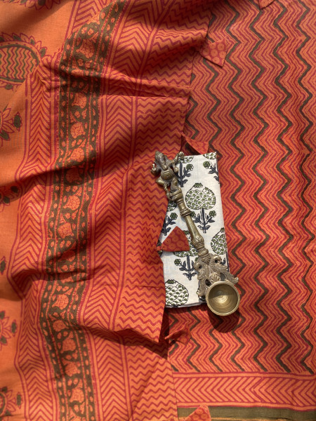 RUST-GREEN HAND BLOCK PRINT COTTON MULL SARI