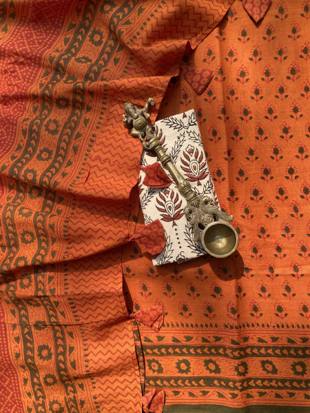 RUST-GREEN HAND BLOCK PRINT COTTON MULL SARI