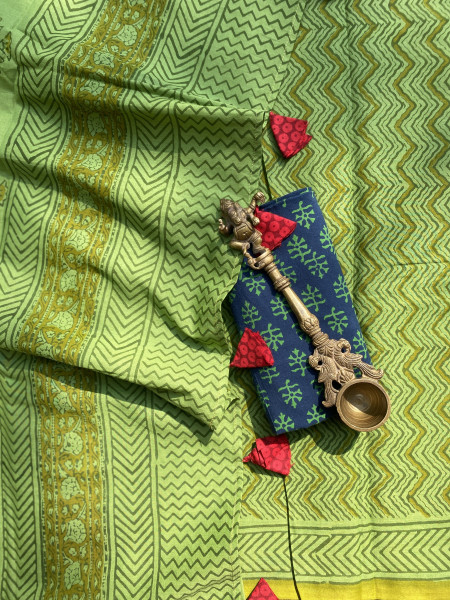 GREEN HAND BLOCK PRINT COTTON MULL SARI