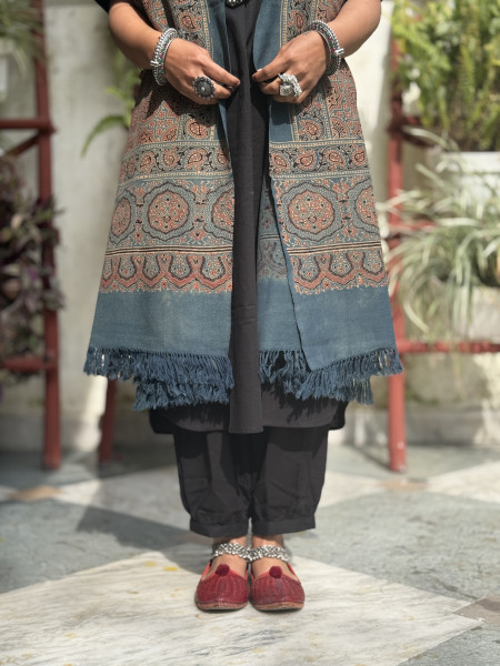 INDIGO PURE WOOL ajrakh hand dyed shaWL