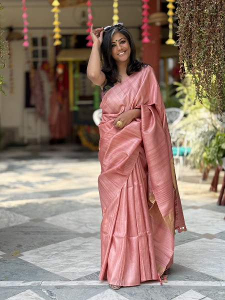 PEACH DESI TUSSAR SILK WOVEN ZARI SARI
