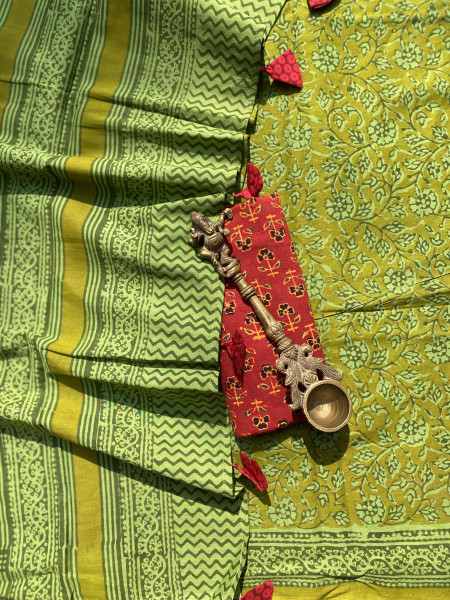 GREEN HAND BLOCK PRINT COTTON MULL SARI