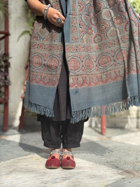 INDIGO PURE WOOL ajrakh hand dyed shaWL