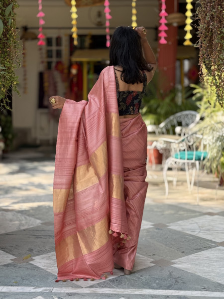 PEACH DESI TUSSAR SILK WOVEN ZARI SARI