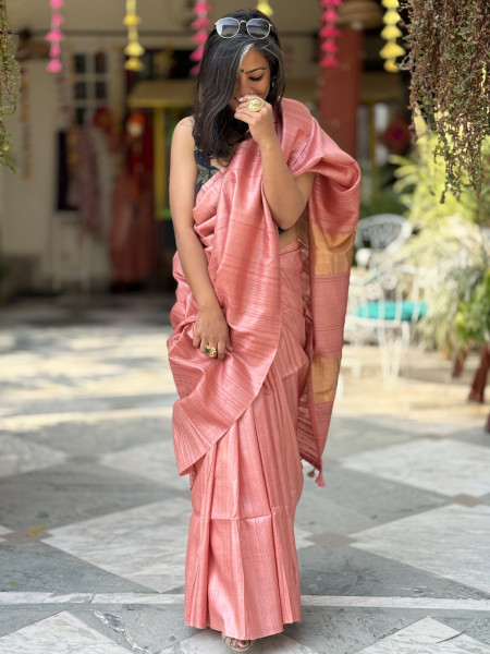 PEACH DESI TUSSAR SILK WOVEN ZARI SARI