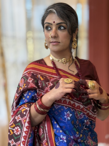 ROYAL BLUE & MAROON SINGLE IKKAT PATOLA  HAND WOVEN SILK SARI