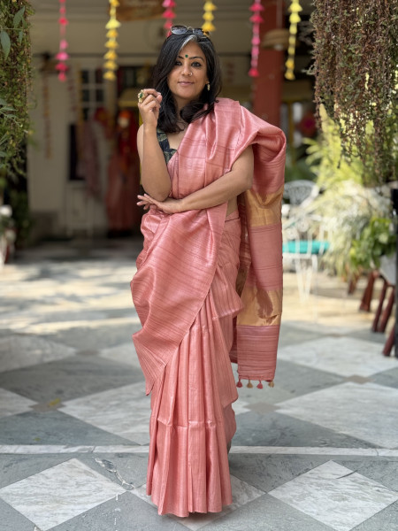 PEACH DESI TUSSAR SILK WOVEN ZARI SARI