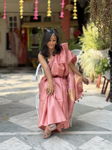 PEACH DESI TUSSAR SILK WOVEN ZARI SARI