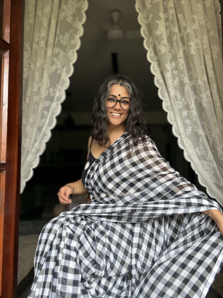 BLACK GINGHAM CHECKS  MULMUL COTTON SARI