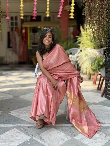 PEACH DESI TUSSAR SILK WOVEN ZARI SARI