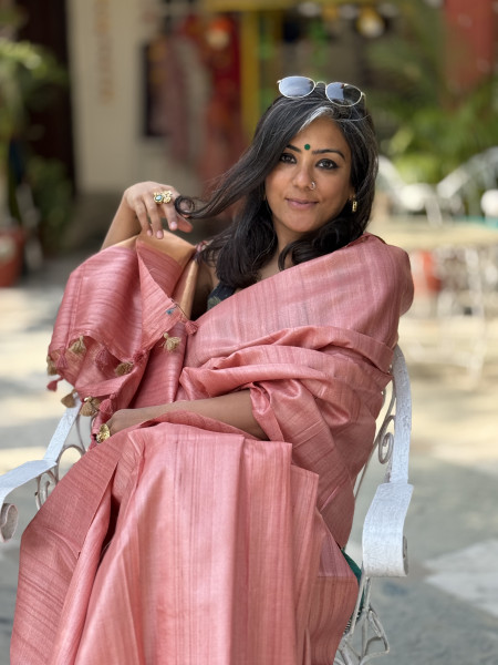 PEACH DESI TUSSAR SILK WOVEN ZARI SARI