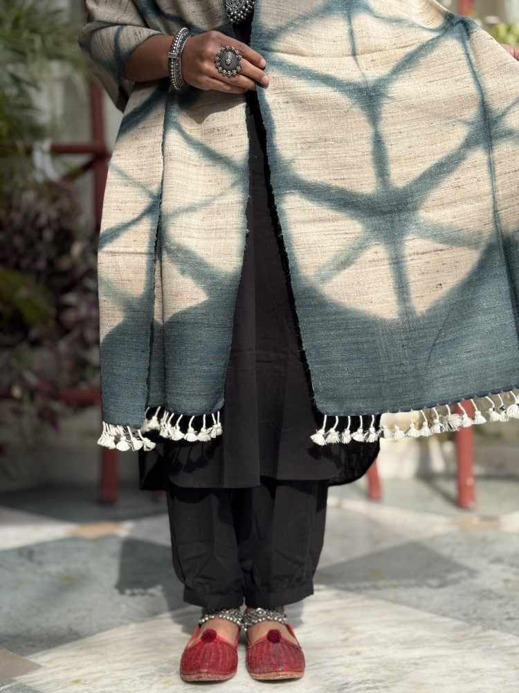 Image of BEIGE &amp; GREY CLAMP DYE SILK &amp; WOOL STOLE