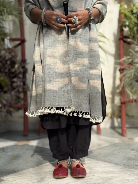 BEIGE & GREY CLAMP DYE SILK & WOOL STOLE