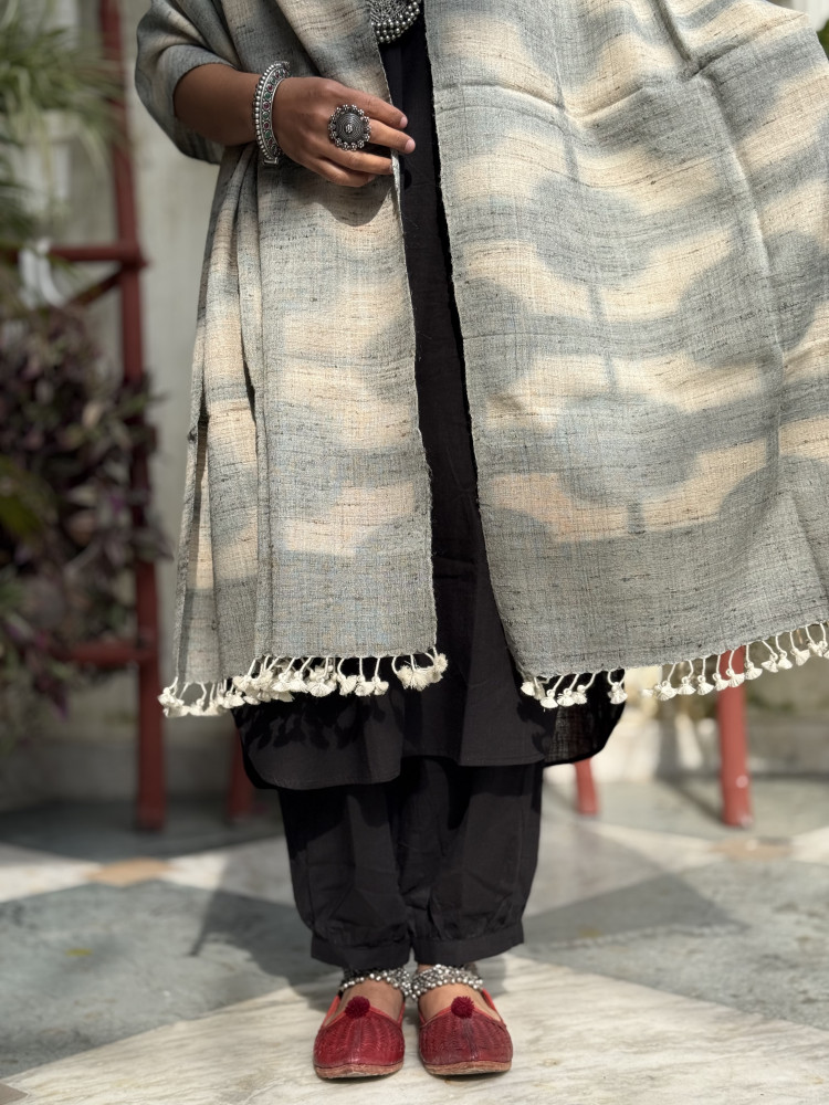 Image of BEIGE &amp; GREY CLAMP DYE SILK &amp; WOOL STOLE