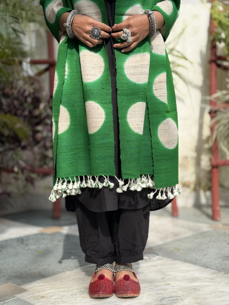 BEIGE & GREEN CLAMP DYE SILK & WOOL STOLE