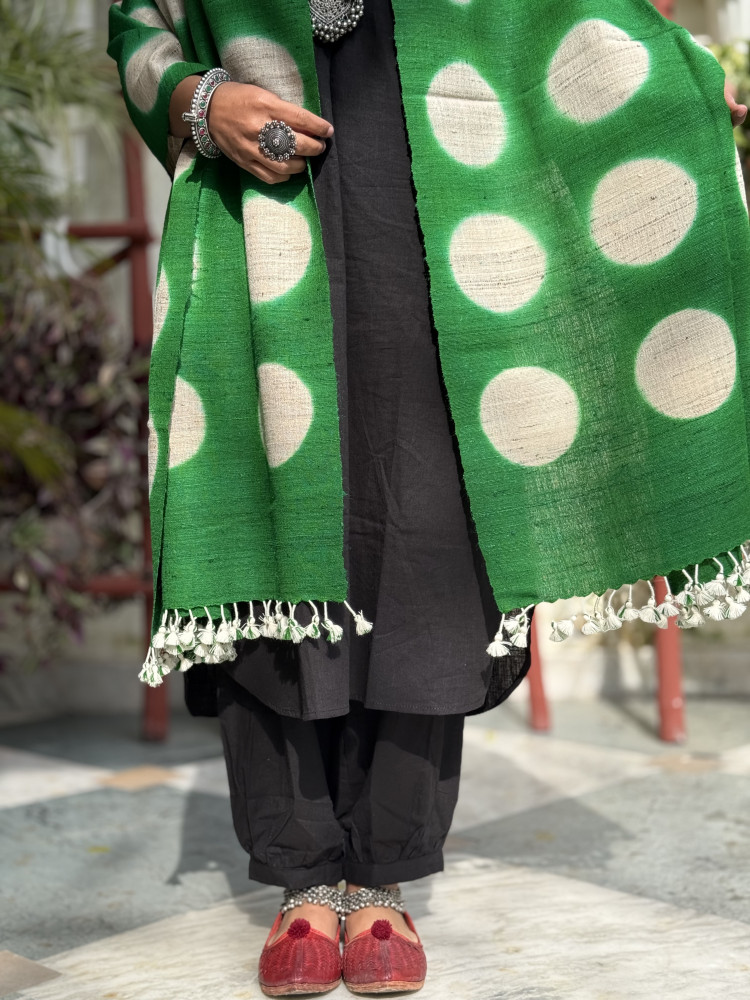 Image of BEIGE &amp; GREEN CLAMP DYE SILK &amp; WOOL STOLE