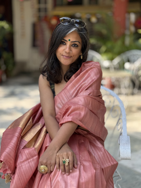 PEACH DESI TUSSAR SILK WOVEN ZARI SARI