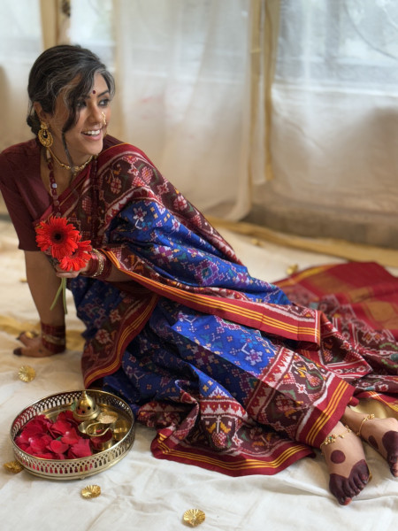 ROYAL BLUE & MAROON SINGLE IKKAT PATOLA  HAND WOVEN SILK SARI