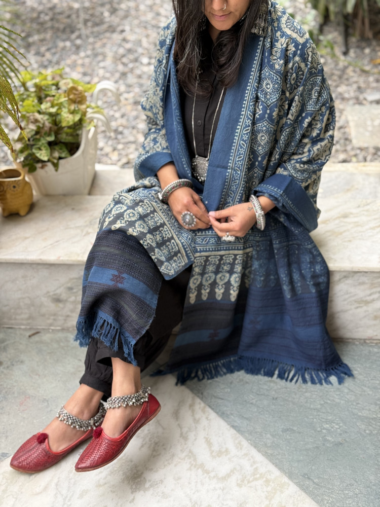 Image of INDIGO PURE WOOL ajrakh hand dyed shaWL
