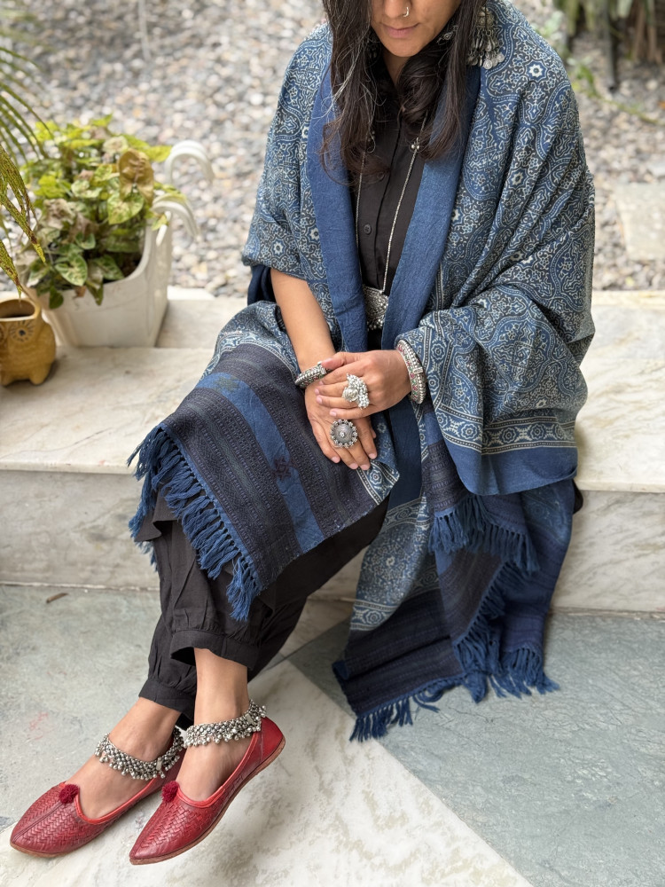Image of INDIGO PURE WOOL ajrakh hand dyed shaWL