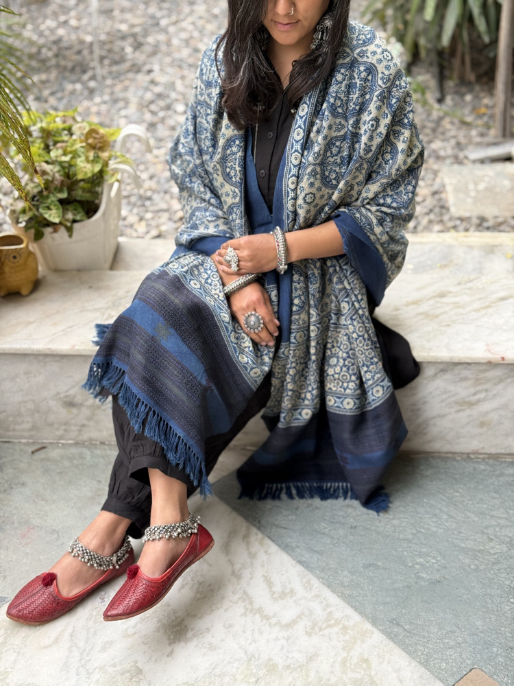 Image of INDIGO PURE WOOL ajrakh hand dyed shaWL