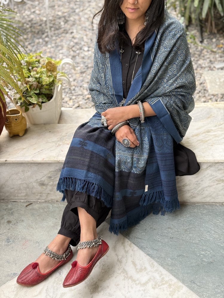 Image of INDIGO PURE WOOL ajrakh hand dyed shaWL