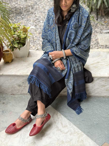INDIGO PURE WOOL ajrakh hand dyed shaWL