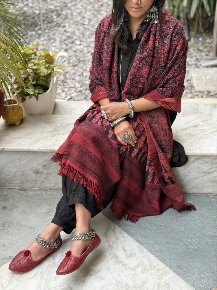 Image of MAROON-BLACK PURE WOOL ajrakh hand dyed shaWL