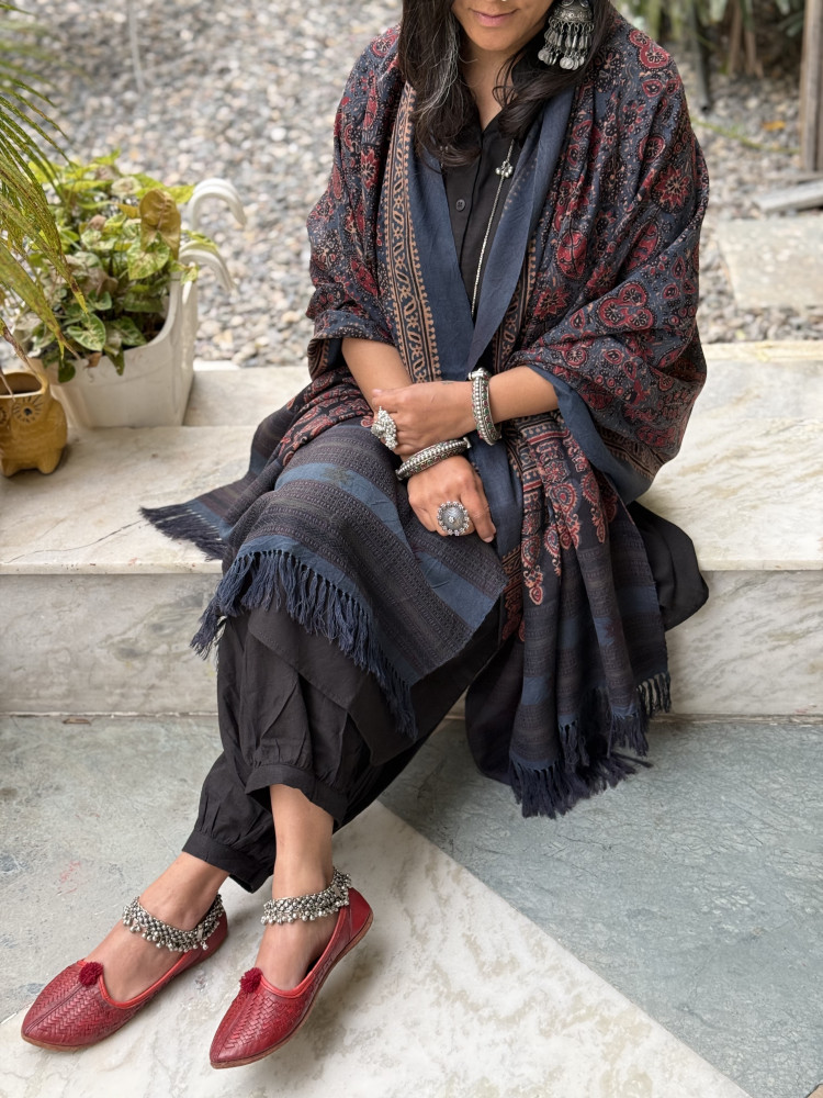 Image of INDIGO PURE WOOL ajrakh hand dyed shaWL