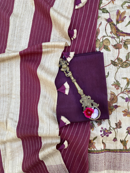 BEIGE-WINE PRINTED TUSSAR SILK SARI