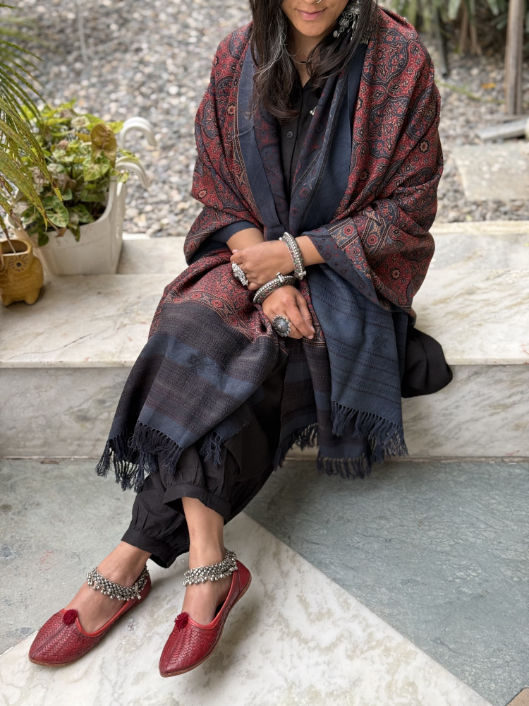 Image of INDIGO-MAROON PURE WOOL ajrakh hand dyed shaWL