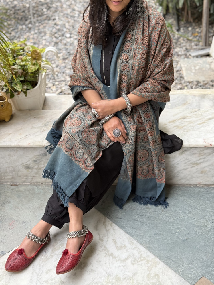 Image of INDIGO PURE WOOL ajrakh hand dyed shaWL