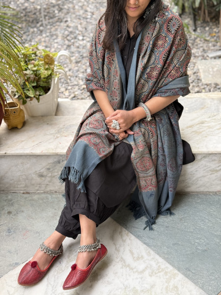INDIGO PURE WOOL ajrakh hand dyed shaWL