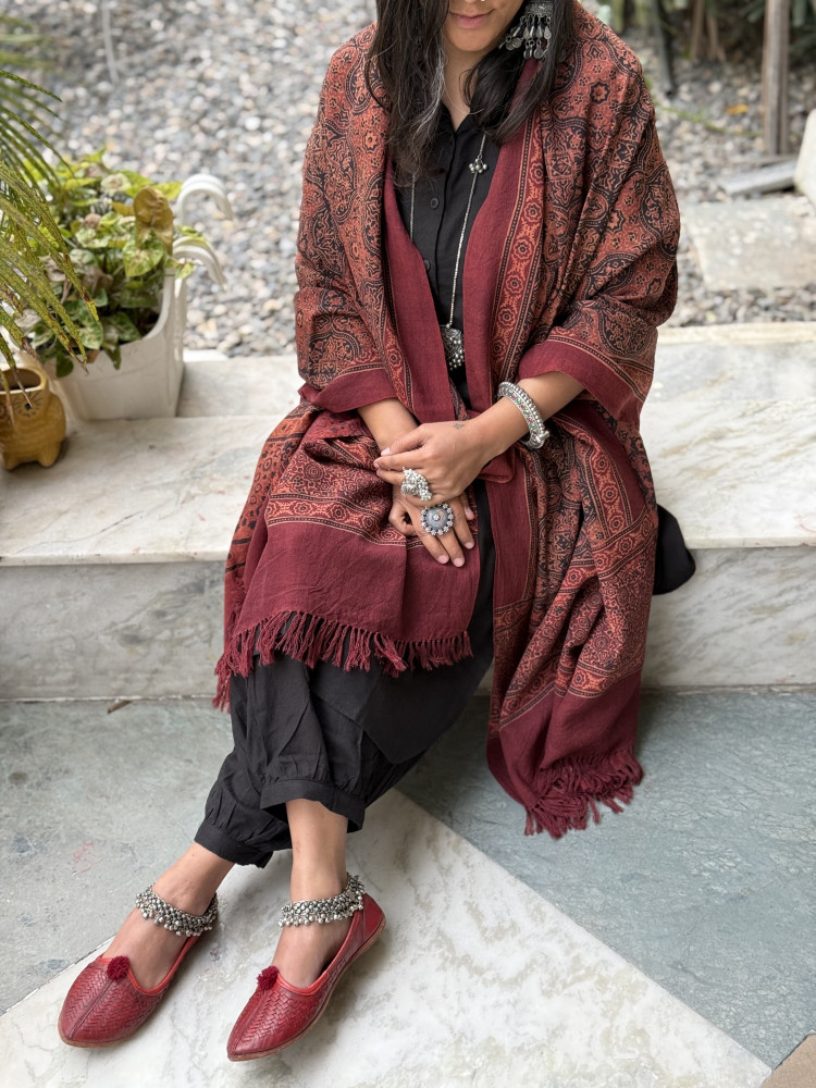 Image of MAROON PURE WOOL ajrakh hand dyed shaWL