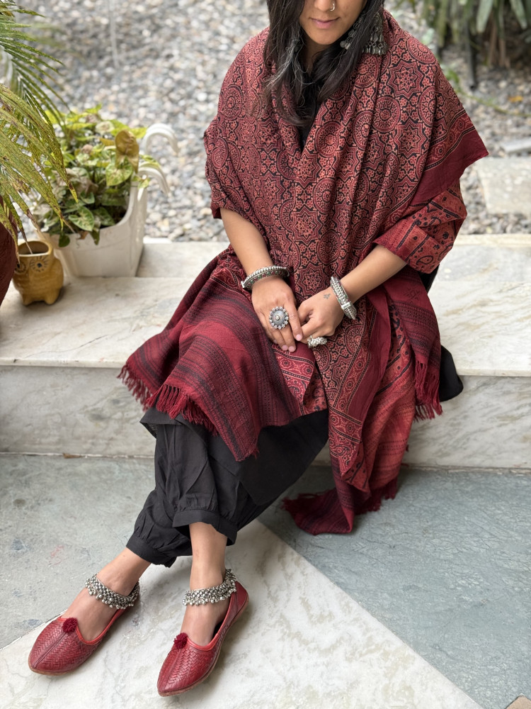 Image of MAROON PURE WOOL ajrakh hand dyed shaWL