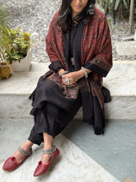BLACK-MAROON PURE WOOL ajrakh hand dyed shaWL