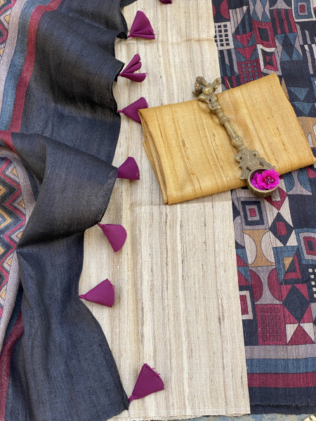 MULTI COLOUR GHICHA TUSSAR SILK PRINTED SARI