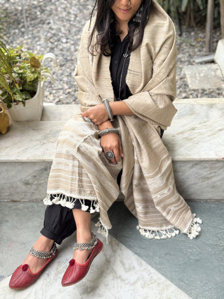 BEIGE SILK & WOOL hand dyed woven shaWL